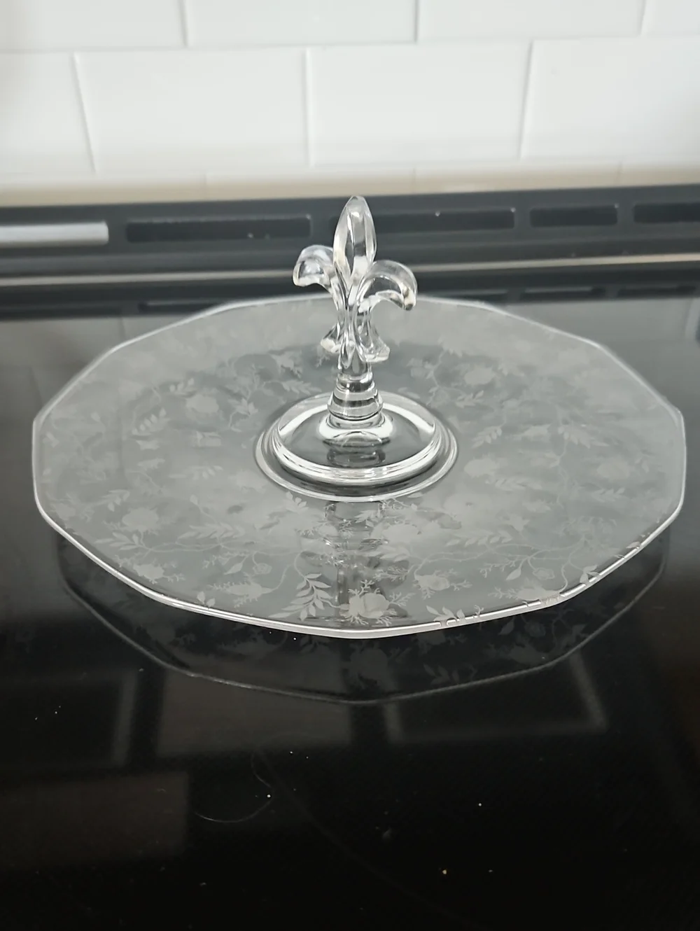 Vintage Fostoria Crystal Serving Tray With Fleur-de-Lis Handle